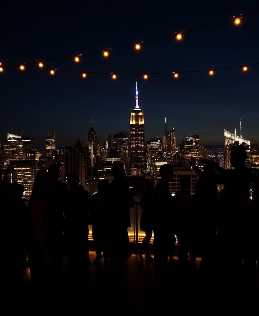 Club 9 guests on a rooftop with the New York City skyline behind them